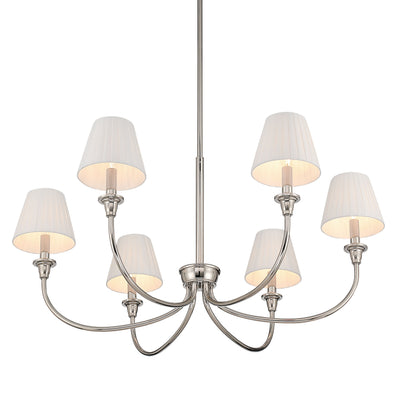 Cambria 6-light Chandelier in Polished Nickel & Pleated White Shades, alternate view - Golden Lighting