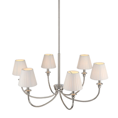 Cambria 6-light Chandelier in Polished Nickel & Pleated White Shades, side view - Golden Lighting