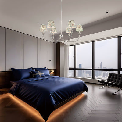 Cambria 6-light Chandelier in Polished Nickel with Aqua Verde Shades, shown in a room setting - Golden Lighting