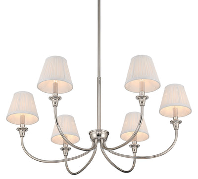 Cambria 6-light Chandelier in Polished Nickel Gathered White Shades, alternate view - Golden Lighting