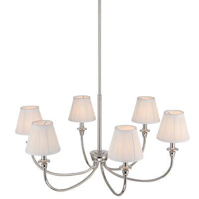 Cambria 6-light Chandelier in Polished Nickel Gathered White Shades, side view - Golden Lighting