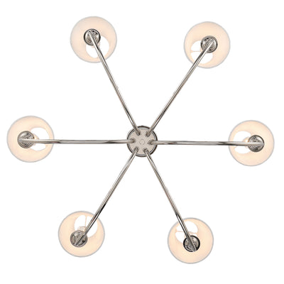 Cambria 6-light Chandelier in Polished Nickel Gathered White Shades, view from below - Golden Lighting