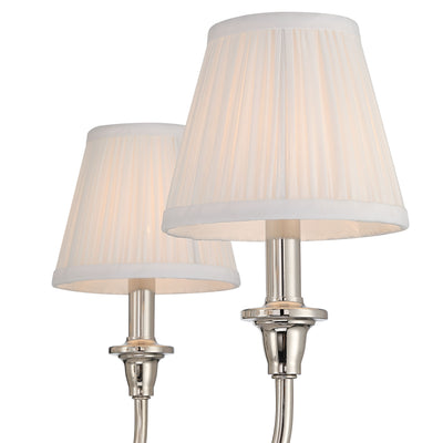 Cambria 6-light Chandelier in Polished Nickel Gathered White Shades, shade and glass close-up - Golden Lighting