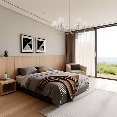 Cambria 6-light Chandelier in Polished Nickel Gathered White Shades, shown in a room setting - Golden Lighting