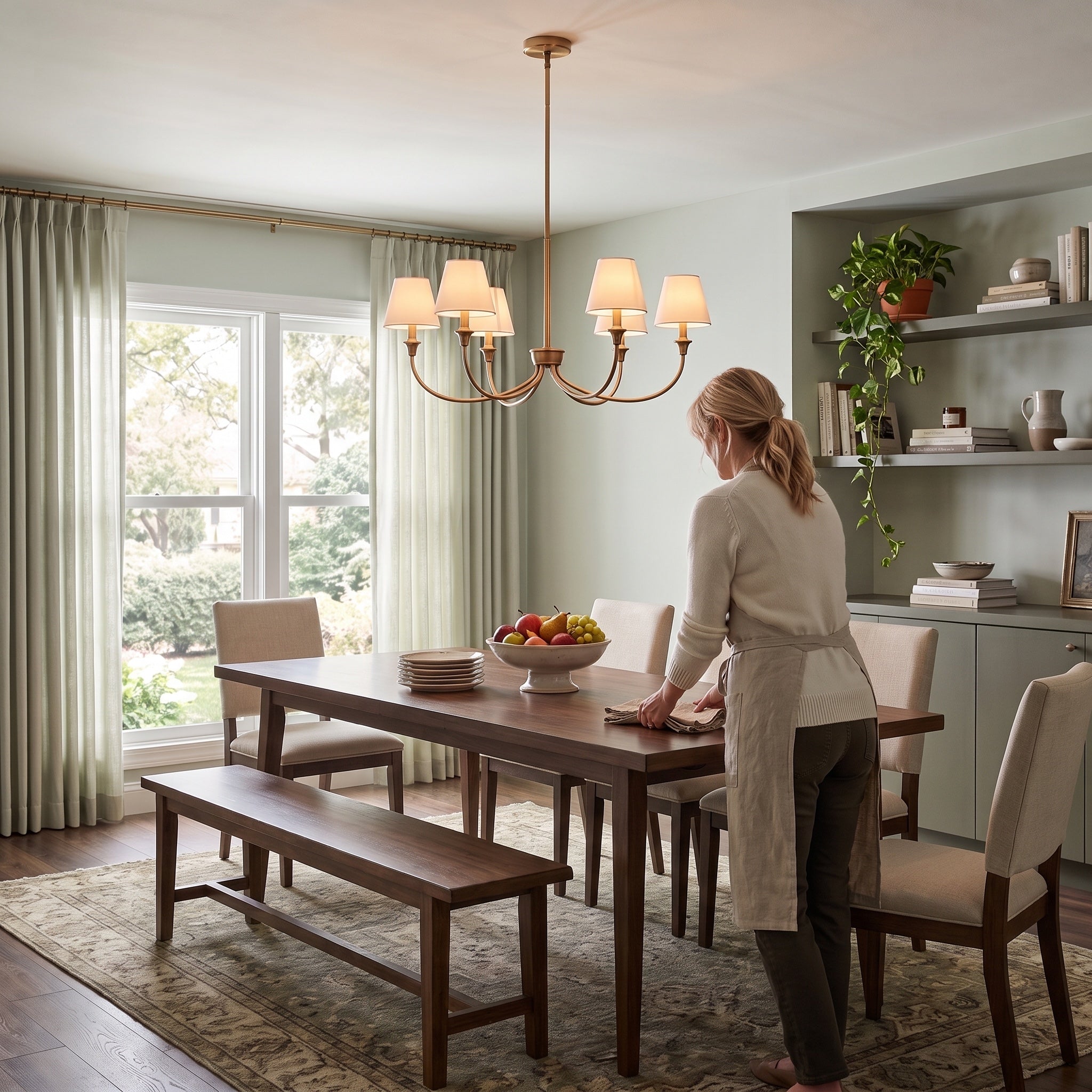 Cambria 6-light Chandelier in Brushed Champagne Brass, AI-visualized dining room scene - Golden Lighting