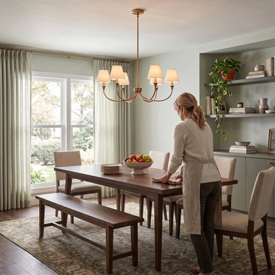 Cambria 6-light Chandelier in Brushed Champagne Brass, AI-visualized dining room scene - Golden Lighting