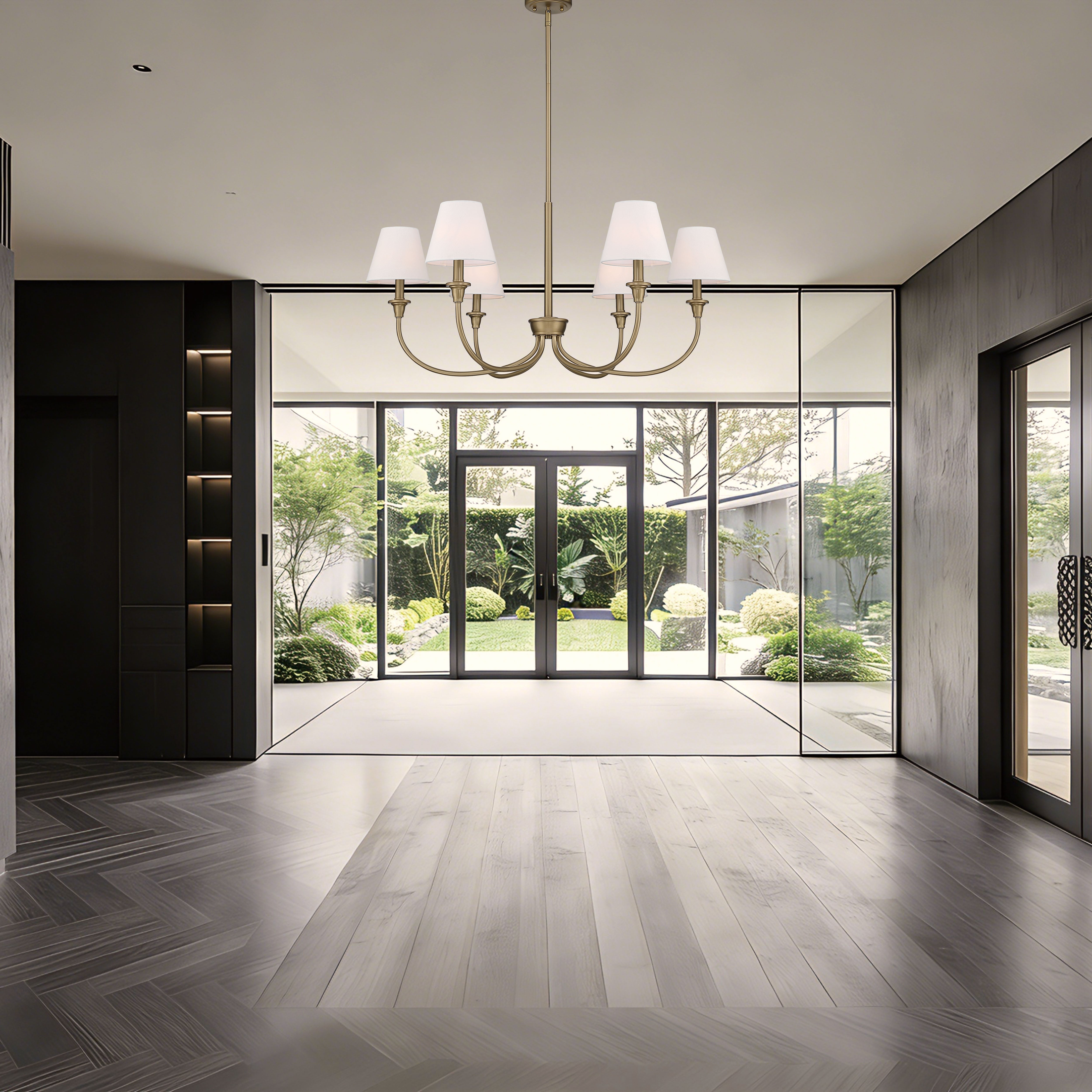 Yep by Golden Lighting Cambira 6-light Chandelier in Brushed Champagne Brass with Empire Hardback White Shade