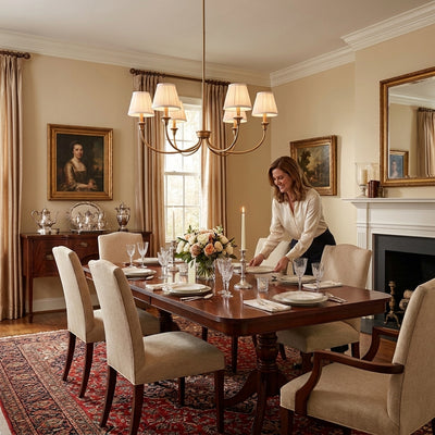 Cambria 6-Light Chandelier in Brushed Champagne Brass & Gathered White Shade, shown in a room setting - Golden Lighting