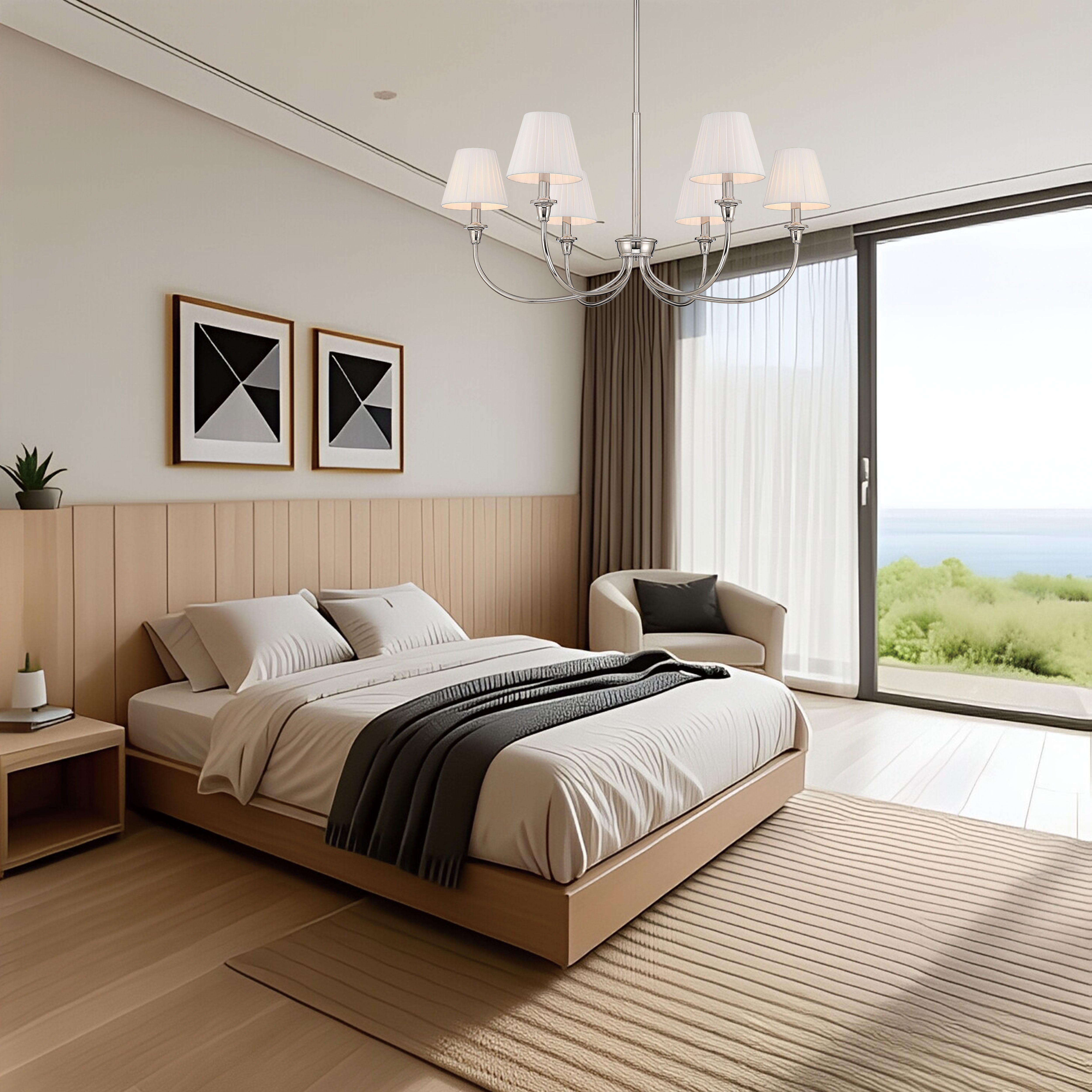Yep by Golden Lighting Cambira 6-light Chandelier in Polished Nickel with Empire Pleated White Shade
