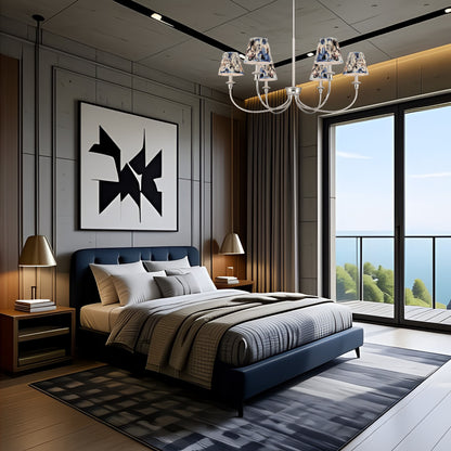 Yep by Golden Lighting Cambira 6-light Chandelier in Polished Nickel with Hand Gathered Blue Poppy Shade