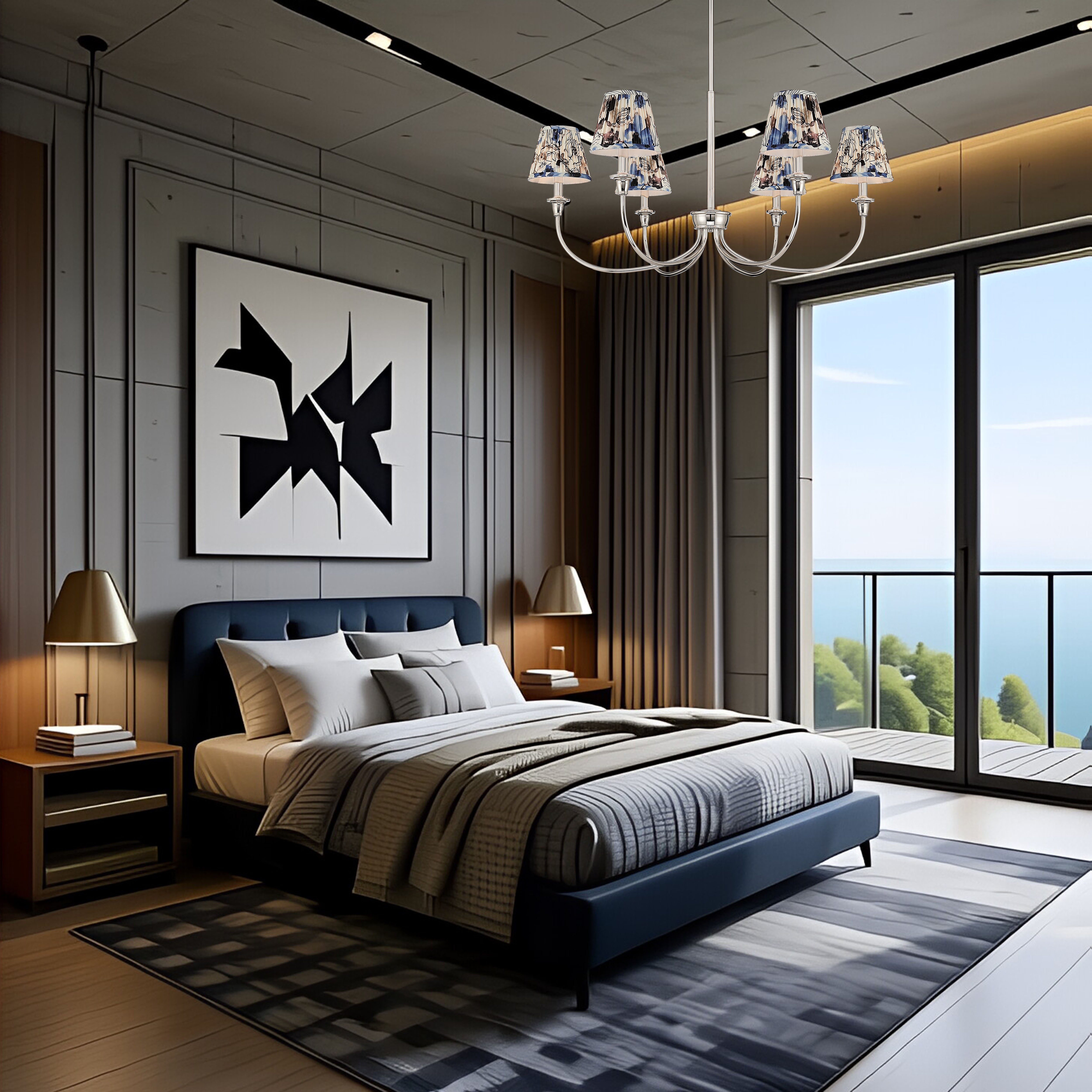 Yep by Golden Lighting Cambira 6-light Chandelier in Polished Nickel with Hand Gathered Blue Poppy Shade