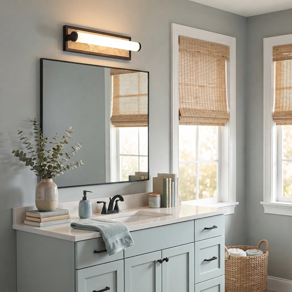 Stratum 1-light Vanity in Matte Black, AI-visualized bathroom scene - Golden Lighting