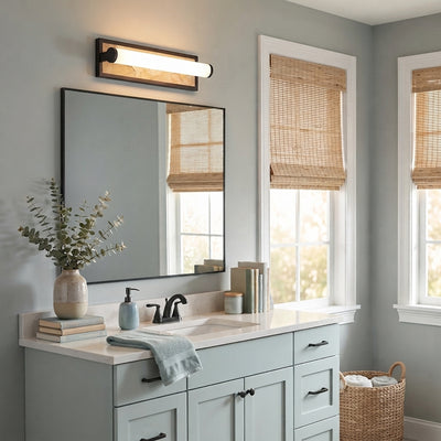 Stratum 1-light Vanity in Matte Black, AI-visualized bathroom scene - Golden Lighting