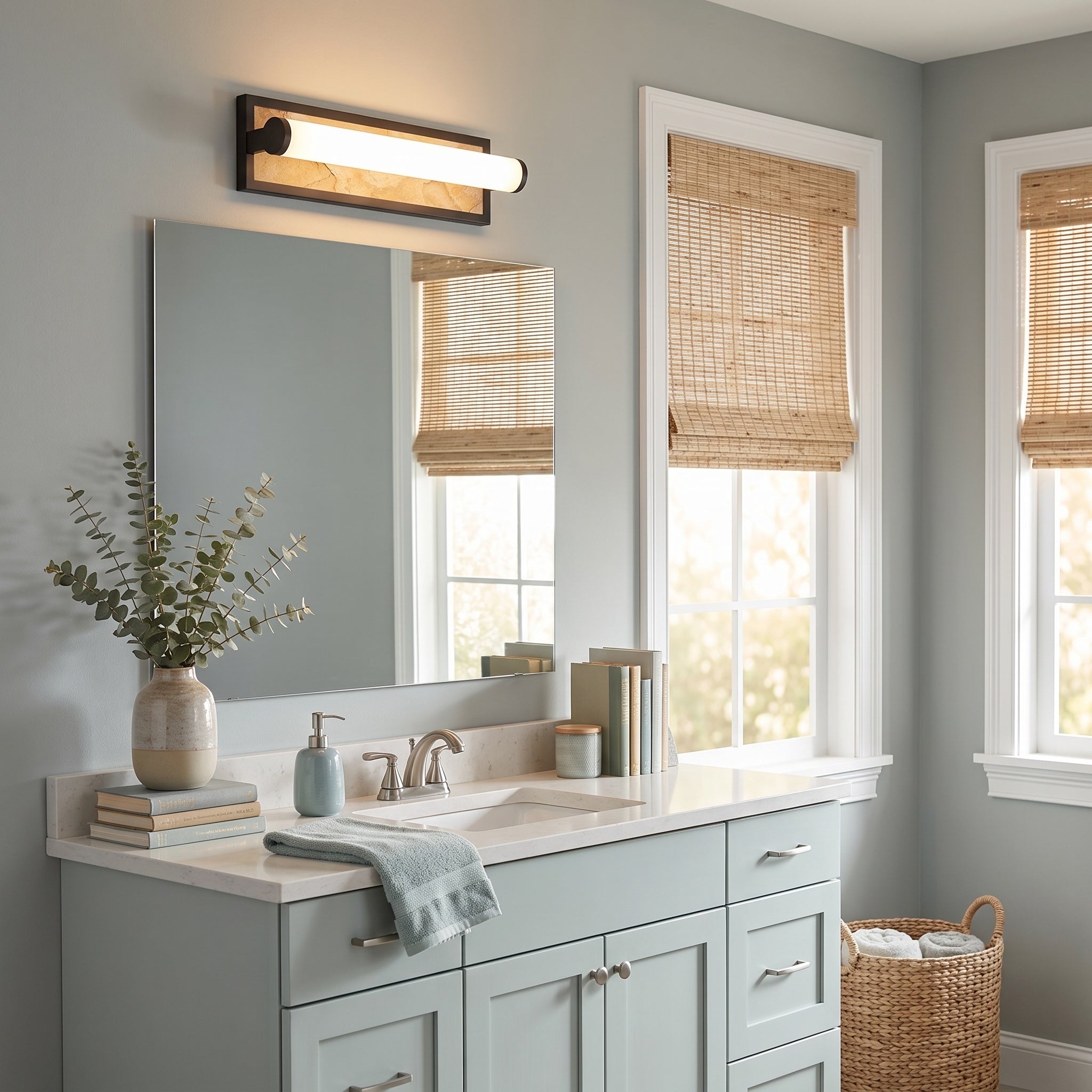 Stratum 1-light Vanity in Matte Black, AI-visualized bathroom scene - Golden Lighting