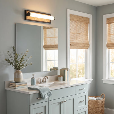 Stratum 1-light Vanity in Matte Black, AI-visualized bathroom scene - Golden Lighting