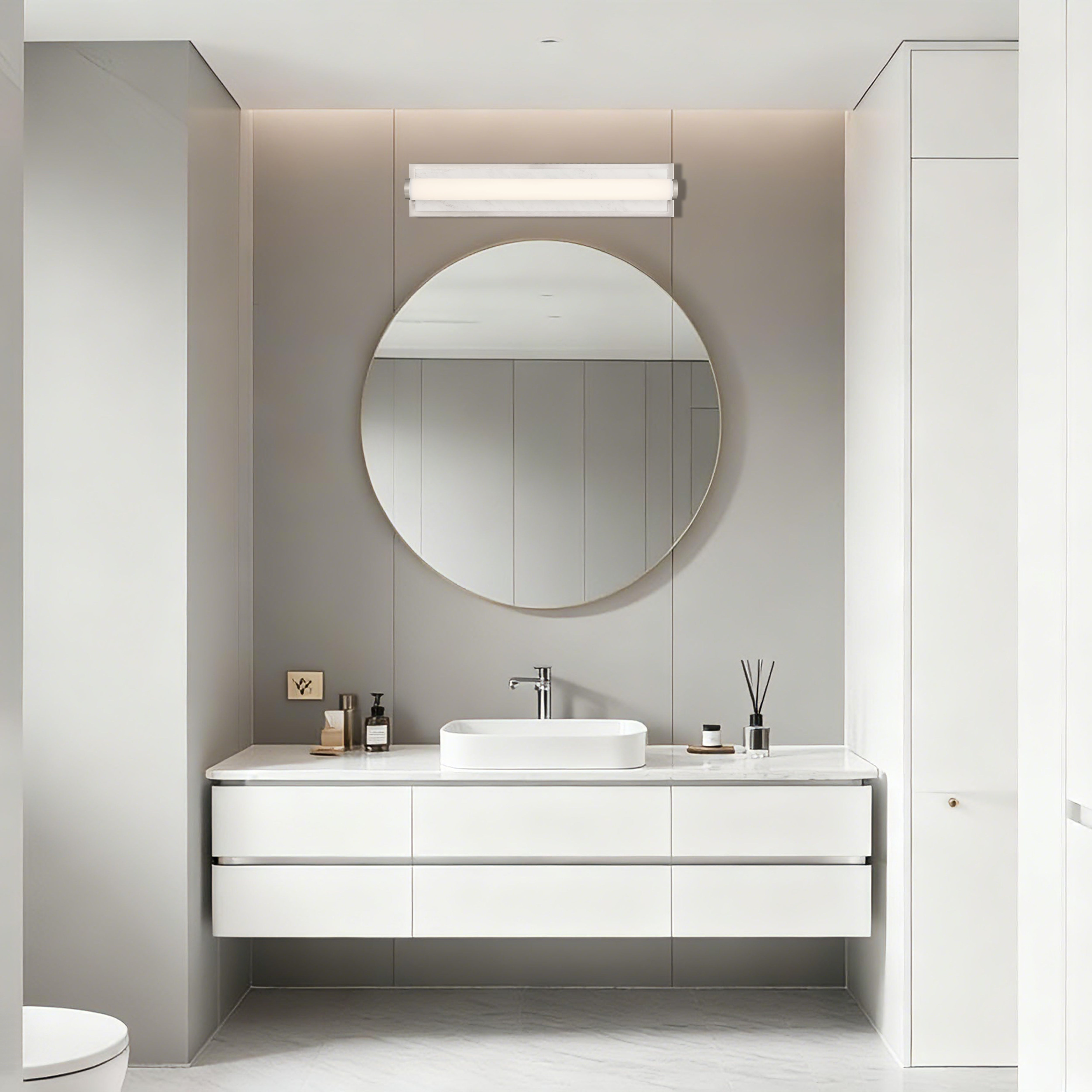 Stratum Integrated LED 24in Vanity in Brushed Nickel with Jazz White Marble - - Golden Lighting