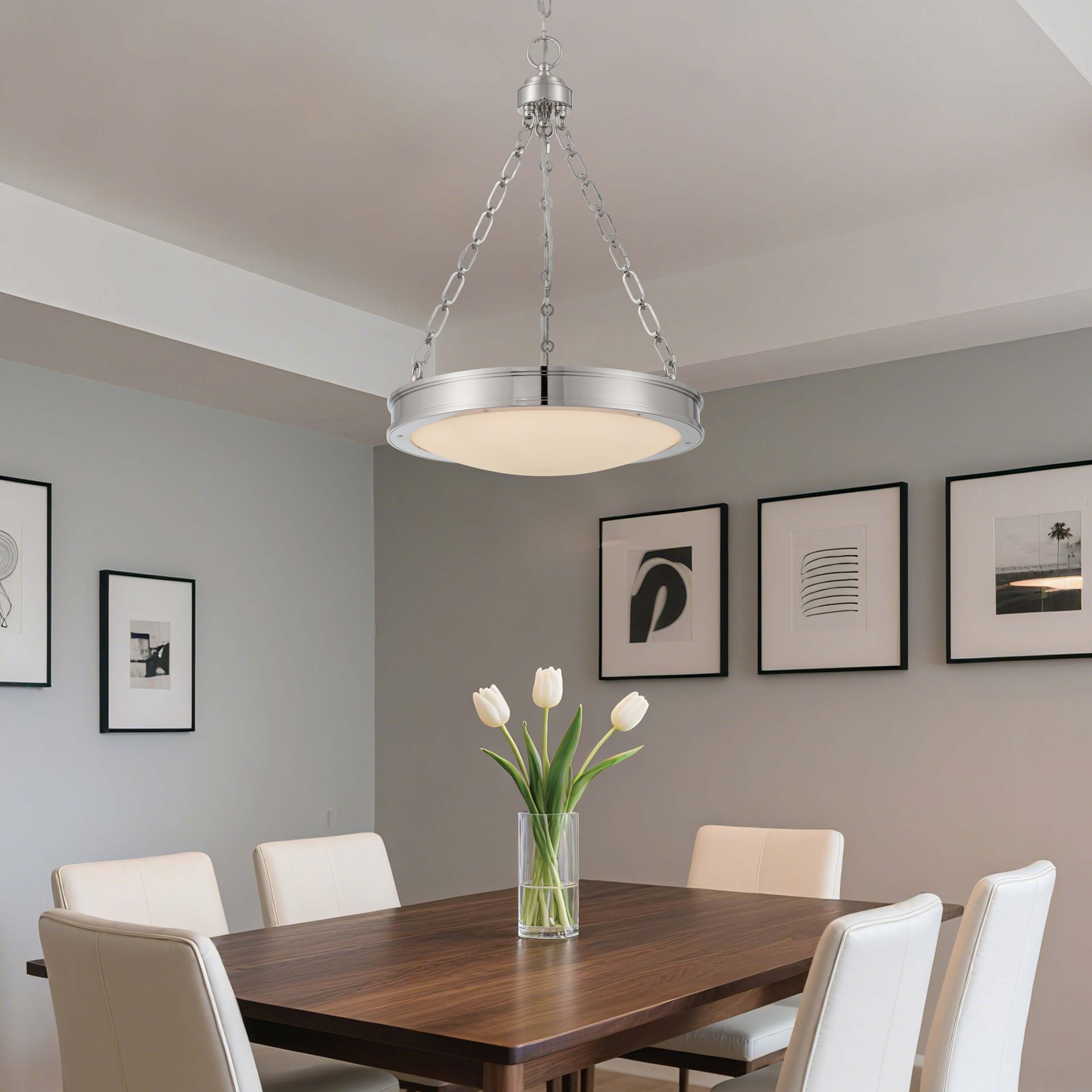 Golden Lighting Cameron Integrated LED 17in Pendant in Polished Nickel with Etched Glass - - Golden Lighting