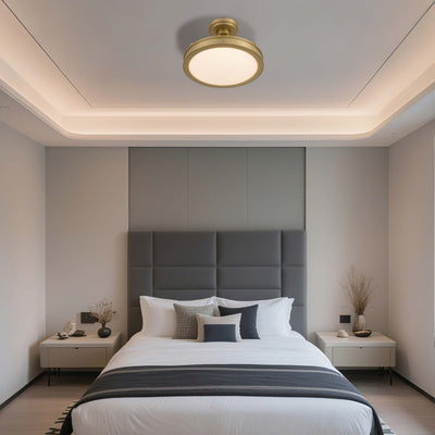 Cameron LED 17in Semi-Flush Brushed Champagne Brass & Etched Glass, shown in a room setting - Golden Lighting