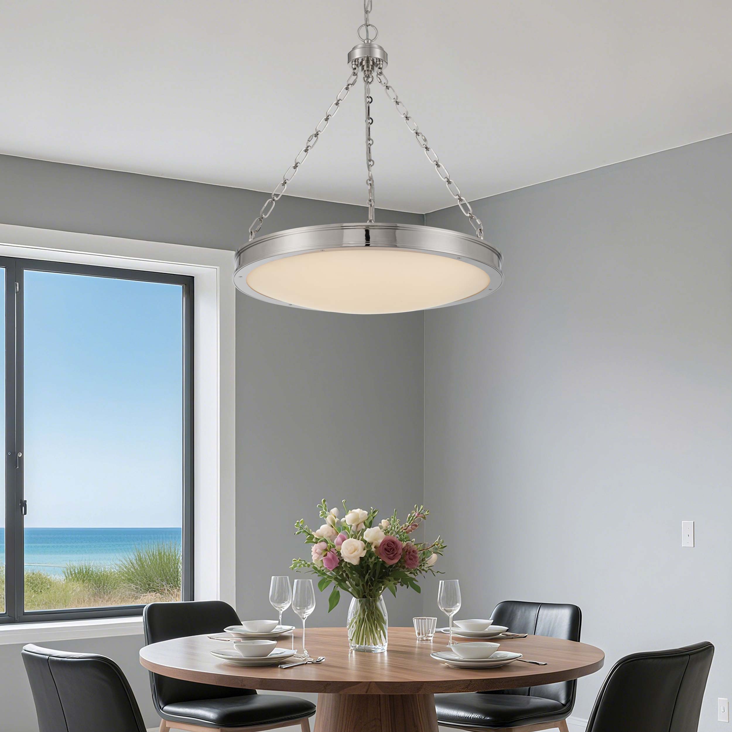 Golden Lighting Cameron Integrated LED 24in Pendant in Polished Nickel with Etched Glass - - Golden Lighting
