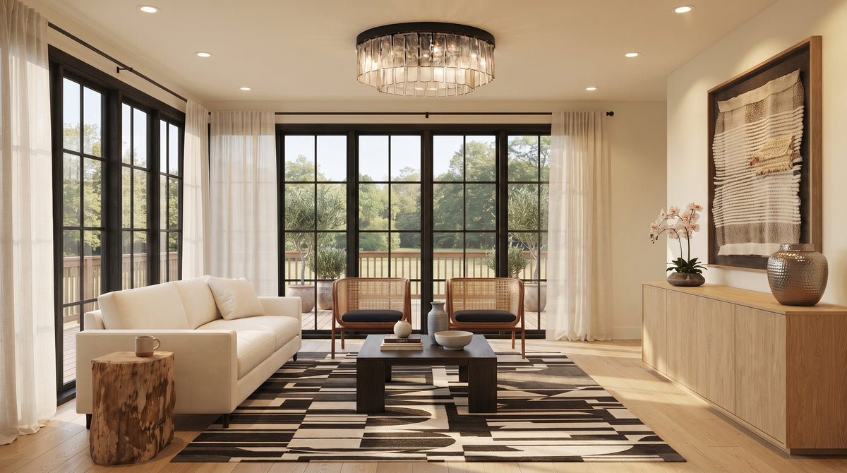 Ciara 9-light Semi-Flush in Matte Black and Hammered Water glass, AI-visualized living room scene - Golden Lighting