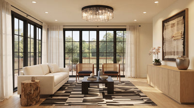 Ciara 9-light Semi-Flush in Matte Black and Hammered Water glass, AI-visualized living room scene - Golden Lighting