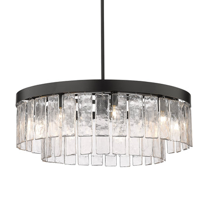 Ciara BLK 9 Light Chandelier in Matte Black with Hammered Water Glass Shade - - Golden Lighting