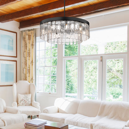 Ciara BLK 9 Light Chandelier in Matte Black with Hammered Water Glass Shade - Default Title - Golden Lighting