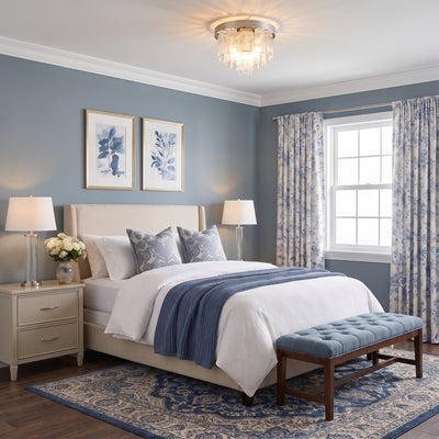 Ciara 3-light Flush Mount in Peruvian Silver and Hammered Water glass, AI-visualized bedroom scene - Golden Lighting