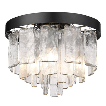 Ciara BLK 3 Light Flush Mount in Matte Black with Hammered Water Glass Shade - - Golden Lighting