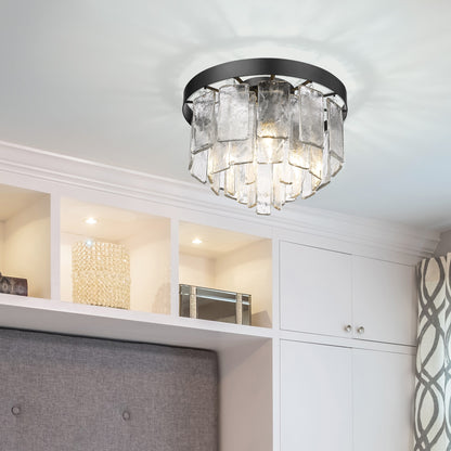 Ciara BLK 3 Light Flush Mount in Matte Black with Hammered Water Glass Shade - Default Title - Golden Lighting