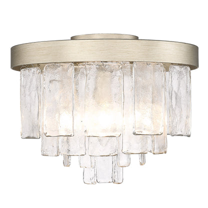 Ciara WG 3 Light Flush Mount in White Gold with Hammered Water Glass Shade - White Gold / Hammered Water Glass / Clear - Golden Lighting