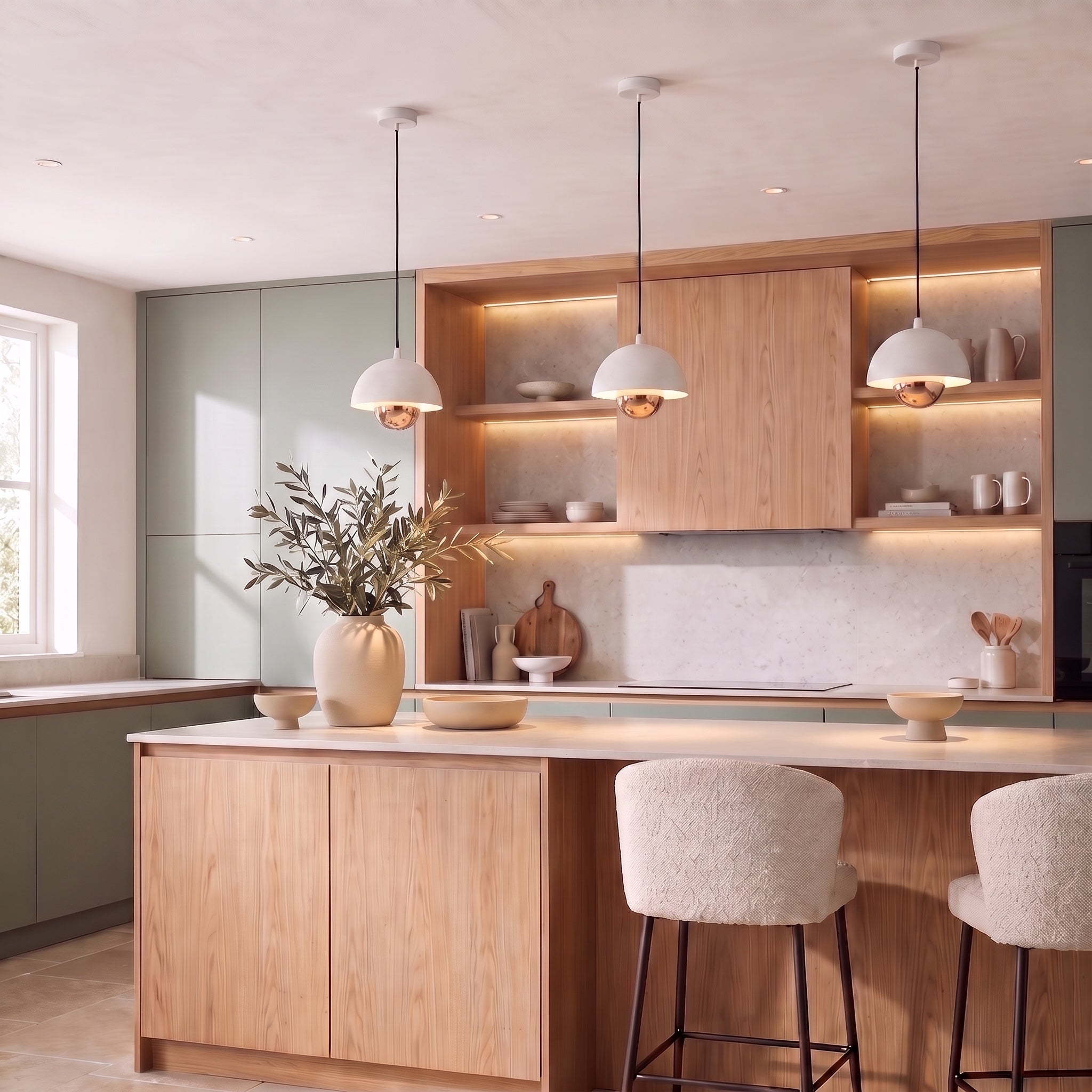 Vintra 1-light Pendant in Sand White, AI-visualized kitchen scene - Golden Lighting