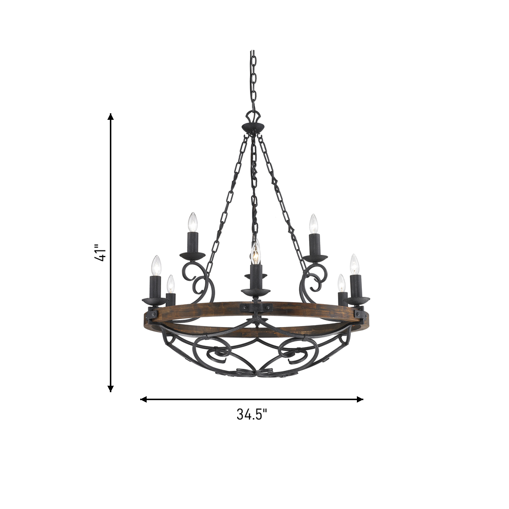 Madera 9-light Chandelier in Black Iron, dimensions diagram - Golden Lighting