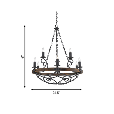 Madera 9-light Chandelier in Black Iron, dimensions diagram - Golden Lighting