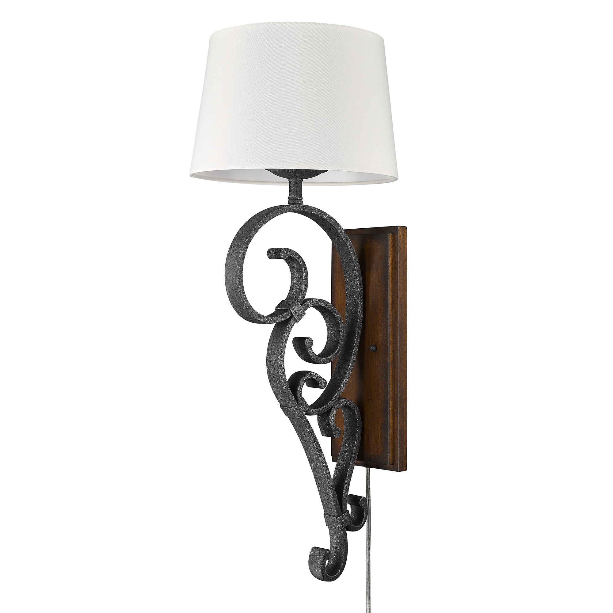 Madera BI Large 1 Light Wall Sconce in Black Iron with Rustic Oak Shade - - Golden Lighting