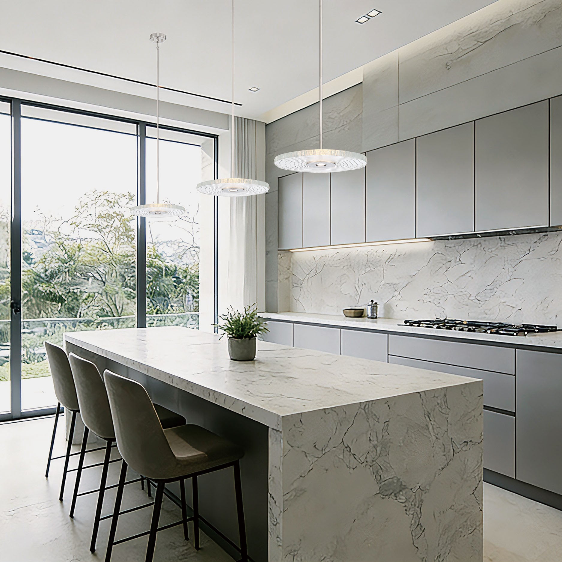 Golden Lighting Luminwood Integrated LED 16in Pendant in Polished Nickel with Wood-Pressed Clear Resin - - Golden Lighting