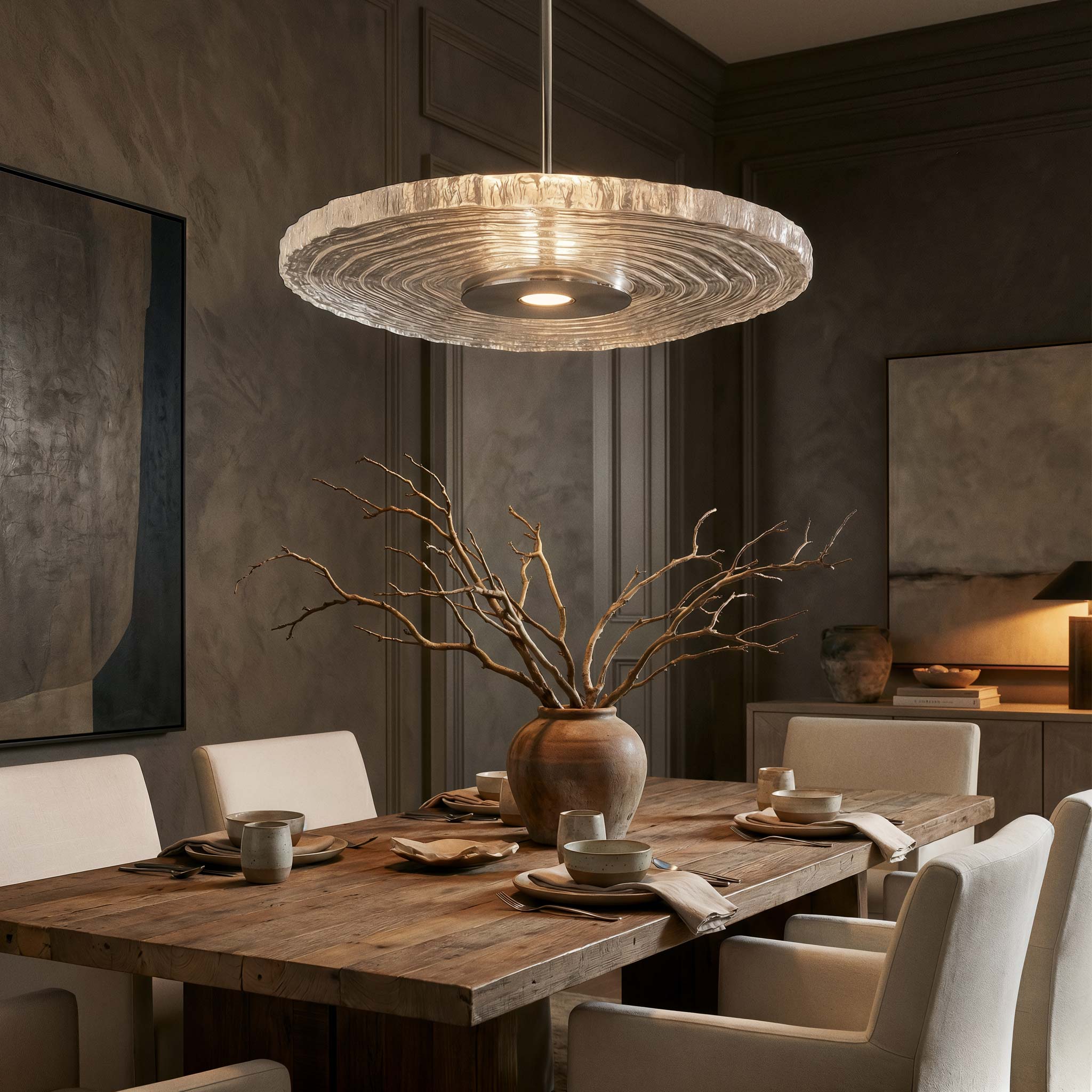 Dining room with a wooden table, chairs, and a modern pendant light featuring Luminwood 24" Resin pendant in polished nickel finish.