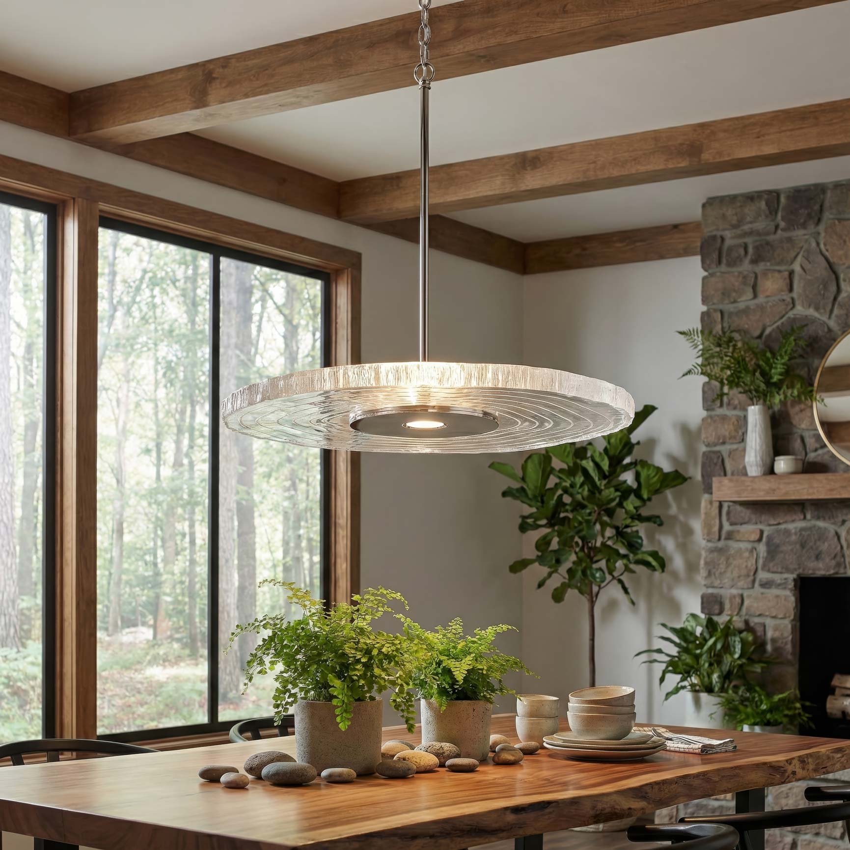 Golden Lighting Luminwood Integrated LED 24n Pendant in Polished Nickel with Wood-Pressed Clear Resin
