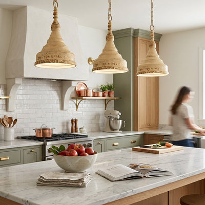 Keating 1-light Pendant in Aged Tuscan Stone, shown in a room setting - Golden Lighting