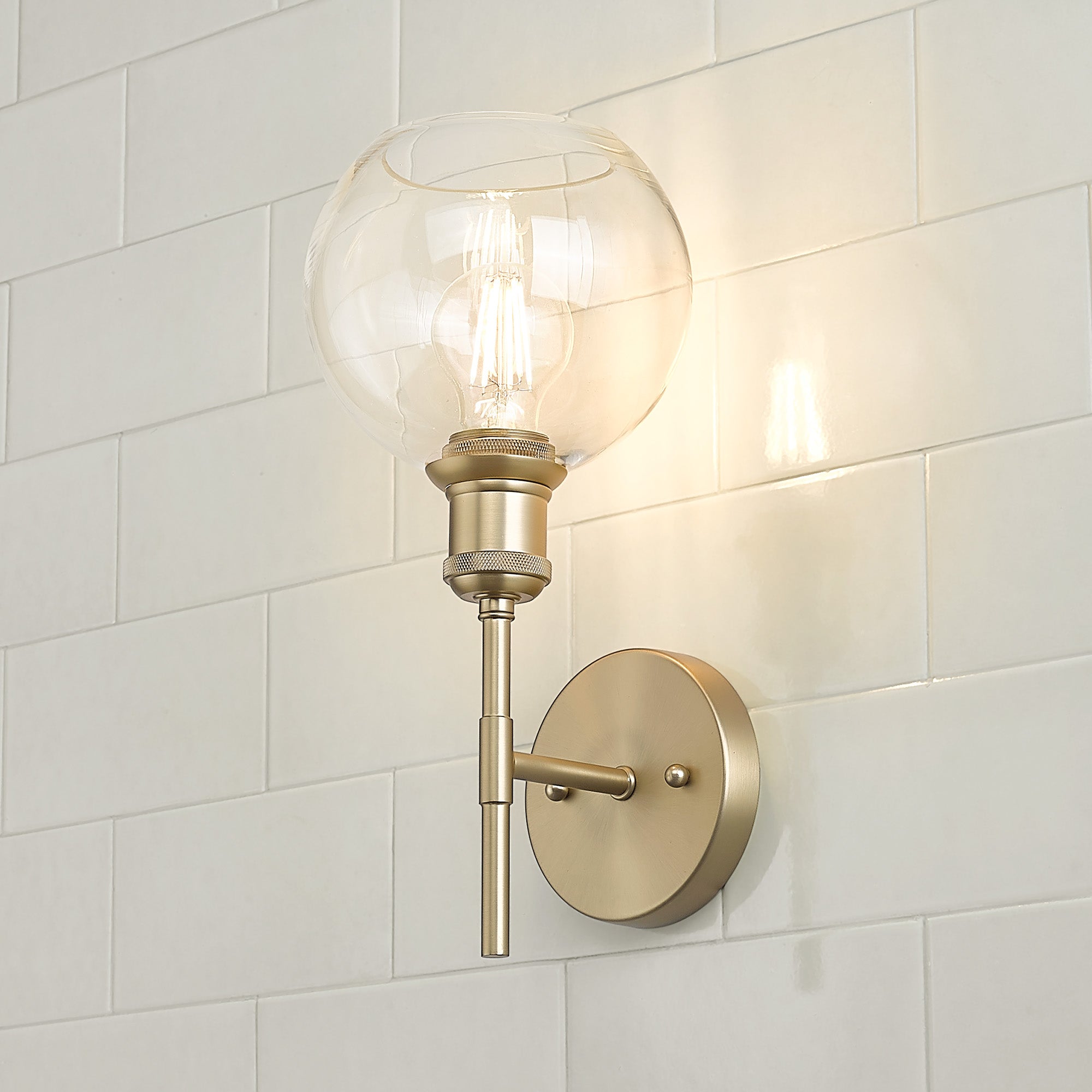 Axel 1-light Wall Sconce in Brushed Champagne Brass and Globe Clear Glass, alternate view - Golden Lighting