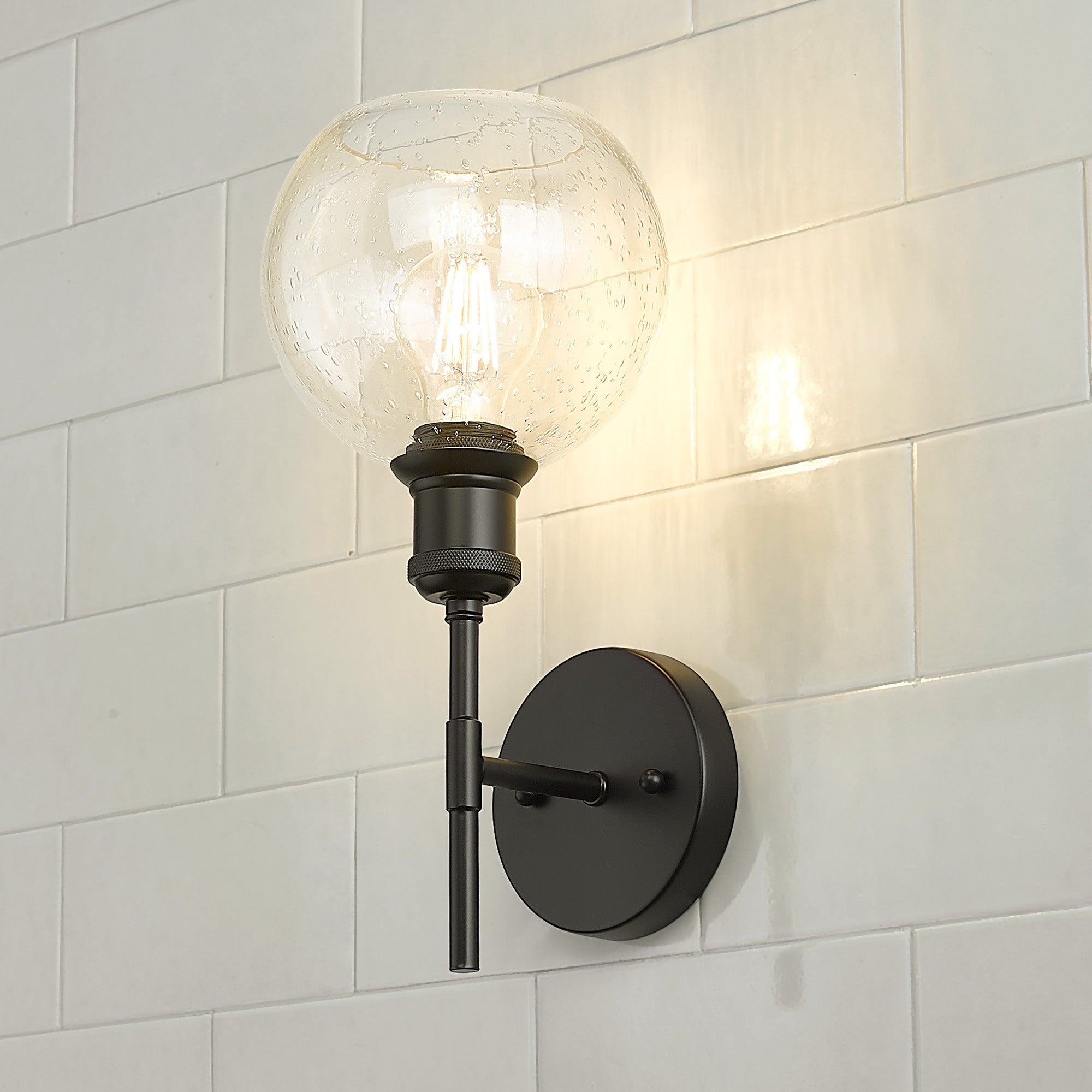 Axel 1-light Wall Sconce in Matte Black and Globe Seeded Glass, alternate view - Golden Lighting
