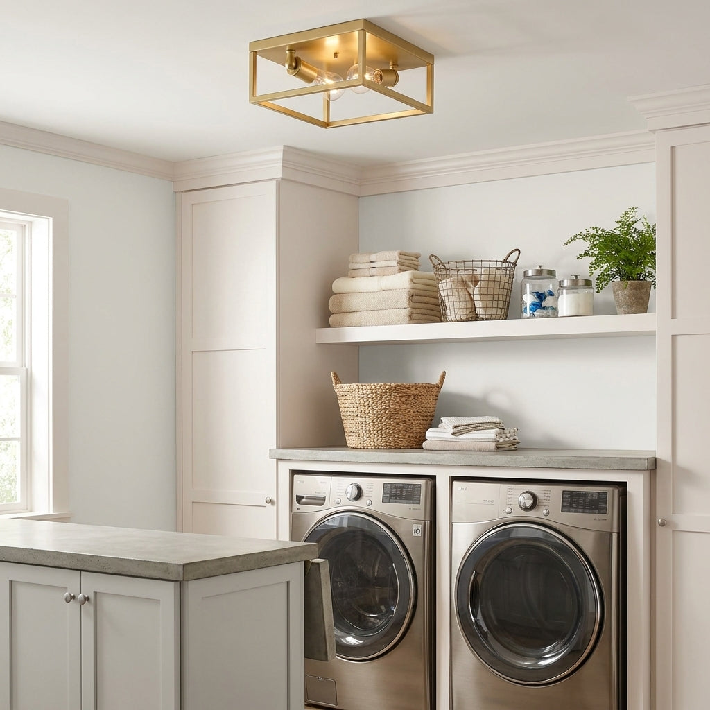Laundry room featuring Wesson 2-light flush mount in Olympic Gold