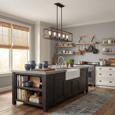 Wesson 5-light Island Light in Matte Black, AI-visualized kitchen scene - Golden Lighting
