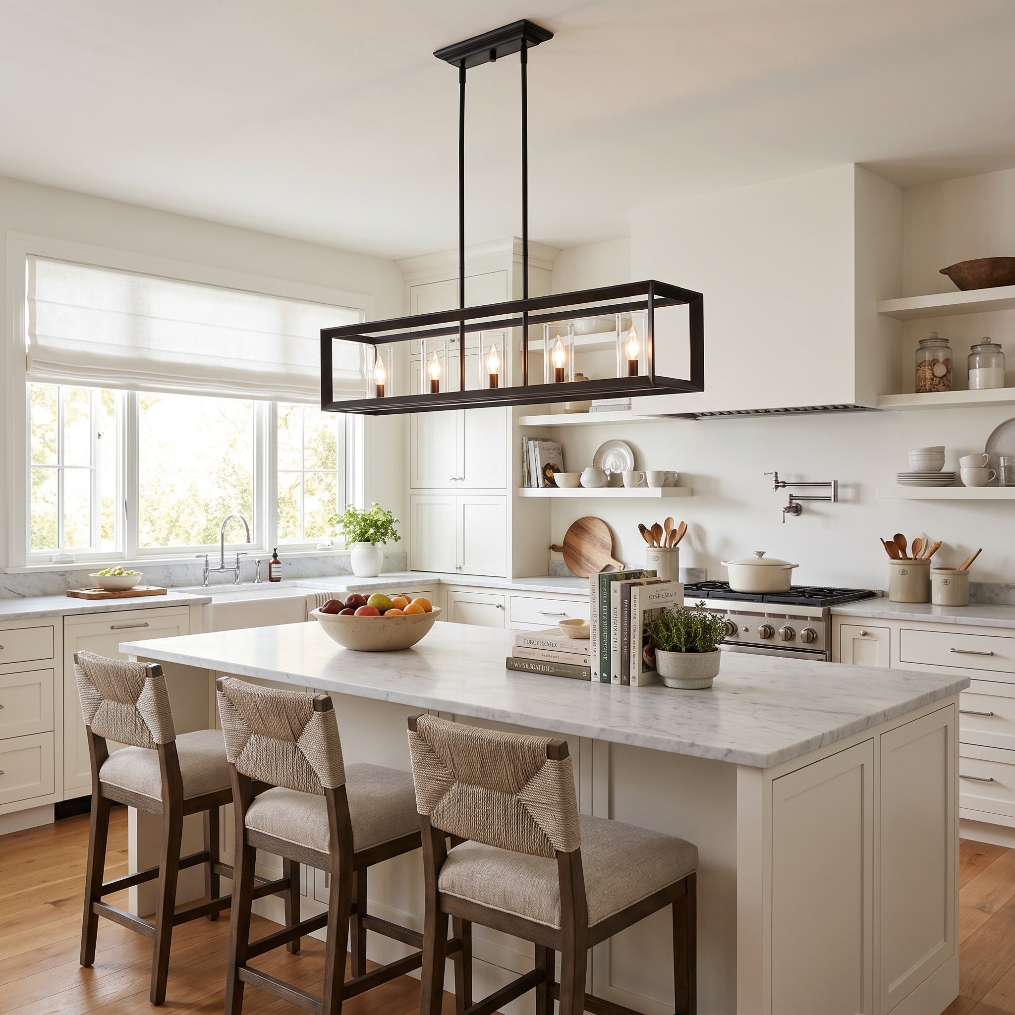 Smyth 5-light Island Light in Matte Black, AI-visualized kitchen scene - Golden Lighting