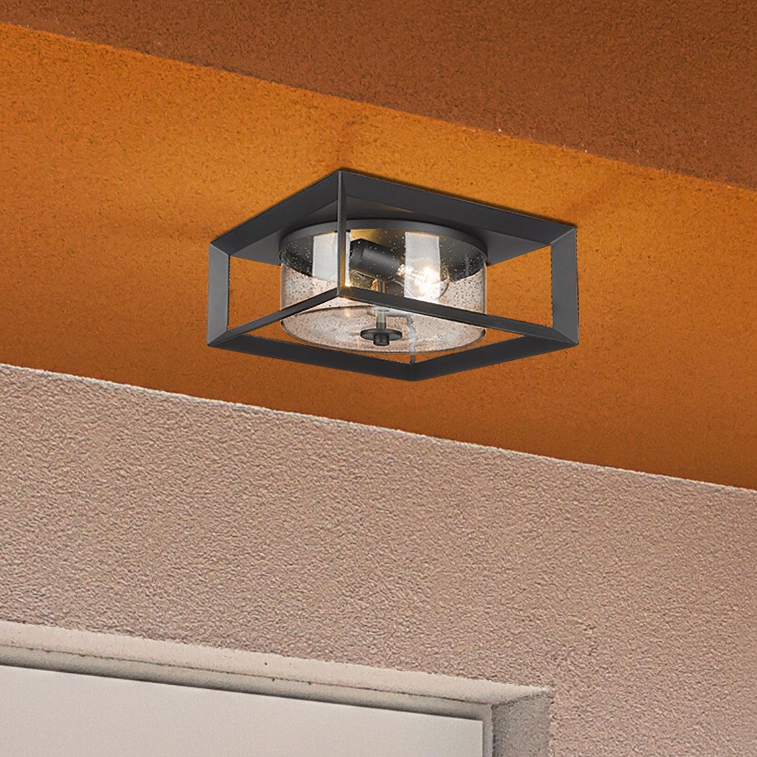 Golden Lighting Smyth 2-light Outdoor Ceiling in Natural Black and Seeded Glass - - Golden Lighting