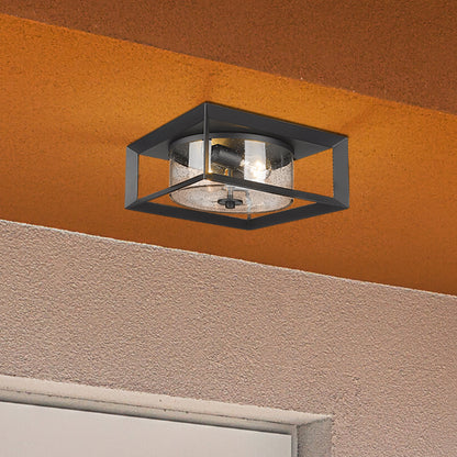 Golden Lighting Smyth 2-light Outdoor Ceiling in Natural Black and Seeded Glass - - Golden Lighting