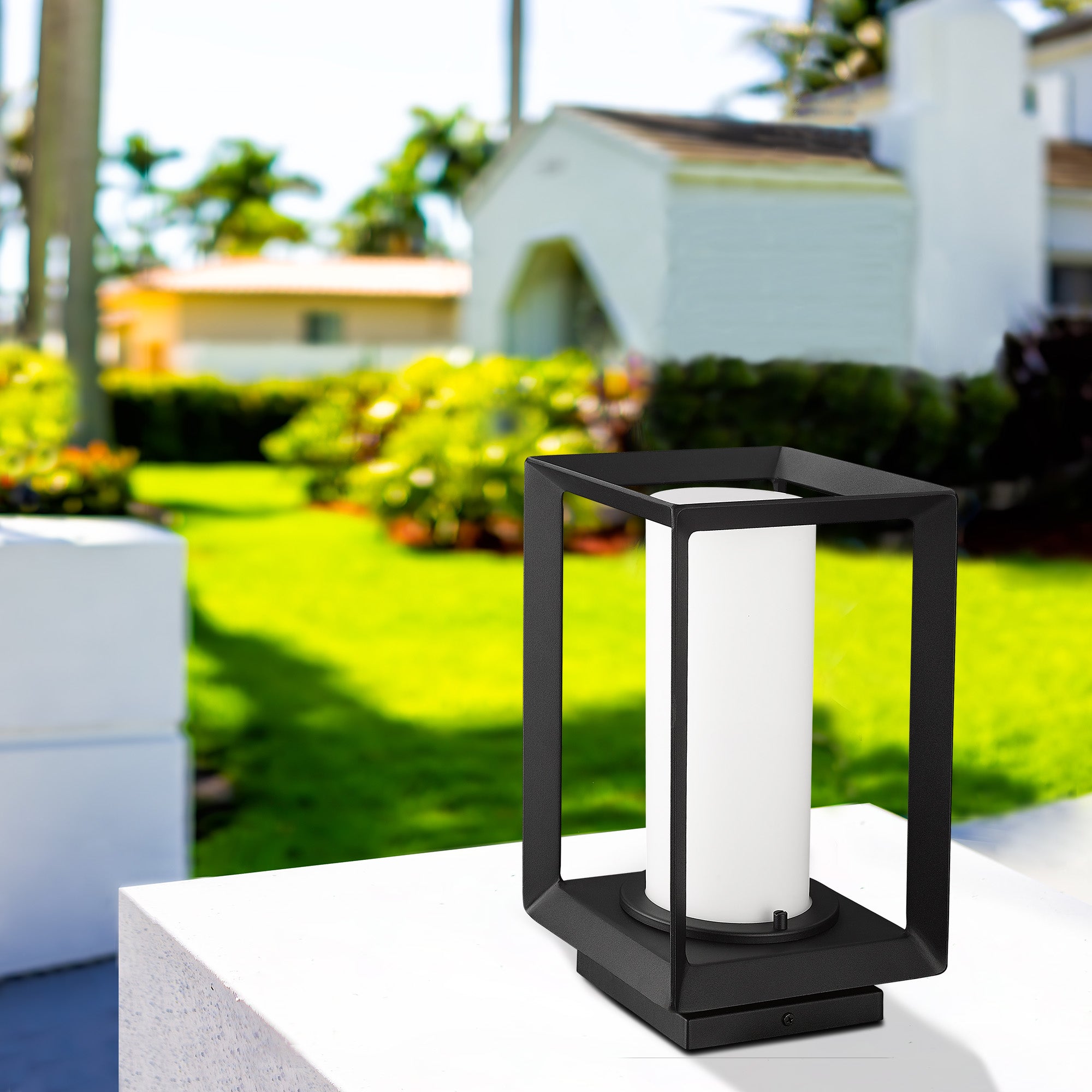 Smyth NB Pier Mount - Outdoor in Natural Black with Opal Glass Shade - Incandescent,Type A / 1 x 100W(M) / 7.5"L x 7.5"W x 13.25"H - Golden Lighting