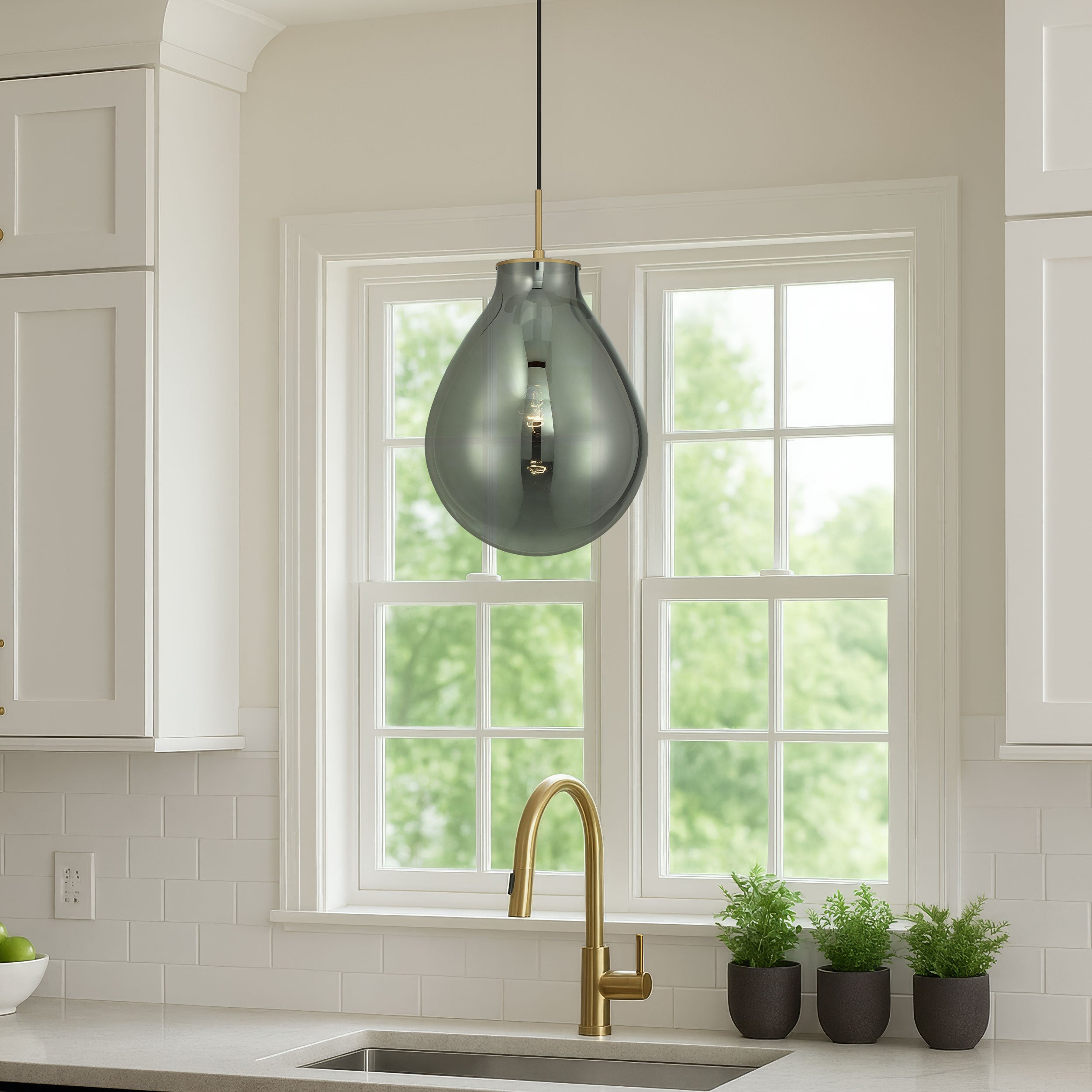 Drop 1-light Pendant in Brushed Champagne Brass and Smoke Plated Glass
