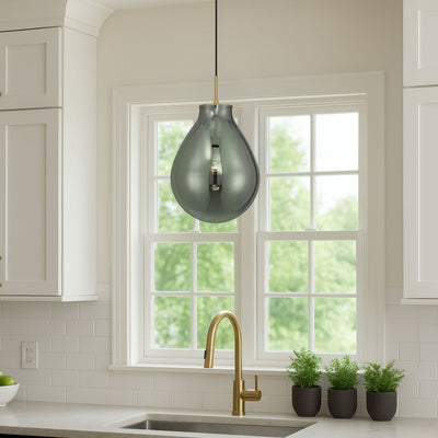 Drop 1-light Pendant in Brushed Champagne Brass and Smoke Plated Glass, shown in a room setting - Golden Lighting
