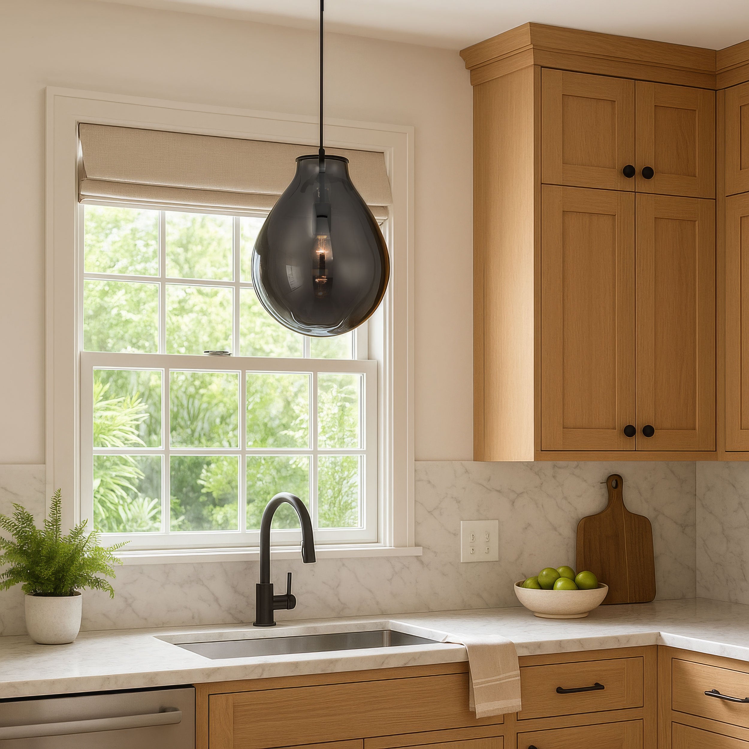 Drop 1-light Pendant in Matte Black and Smoke Plated Glass